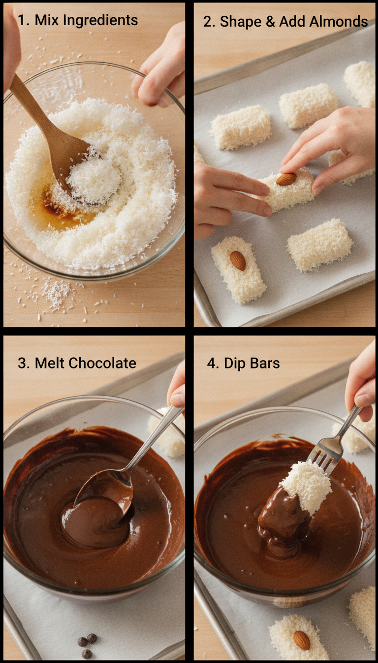 Step-by-step visual guide showing the process of making homemade healthy almond joys from mixing ingredients to final chocolate coating