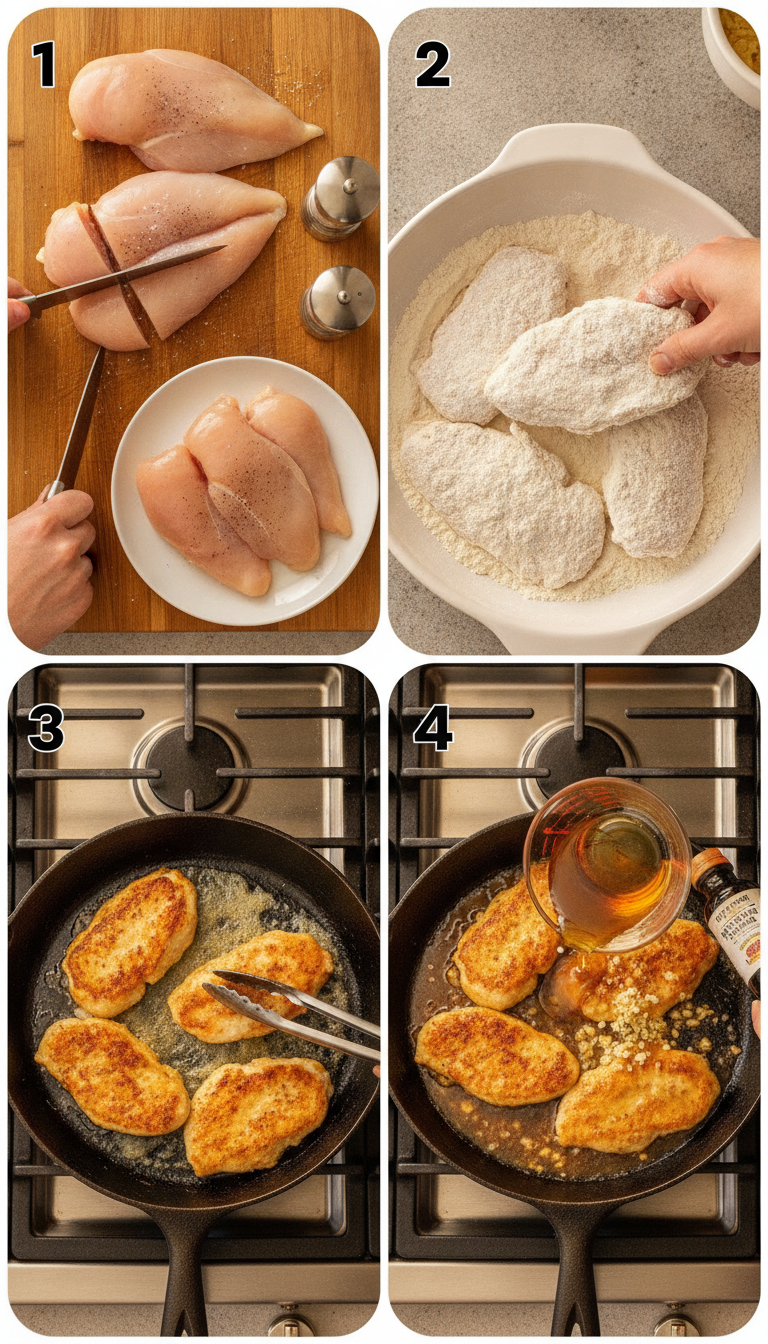 Step-by-step visual guide showing honey garlic chicken breast preparation from raw ingredients to golden finished dish