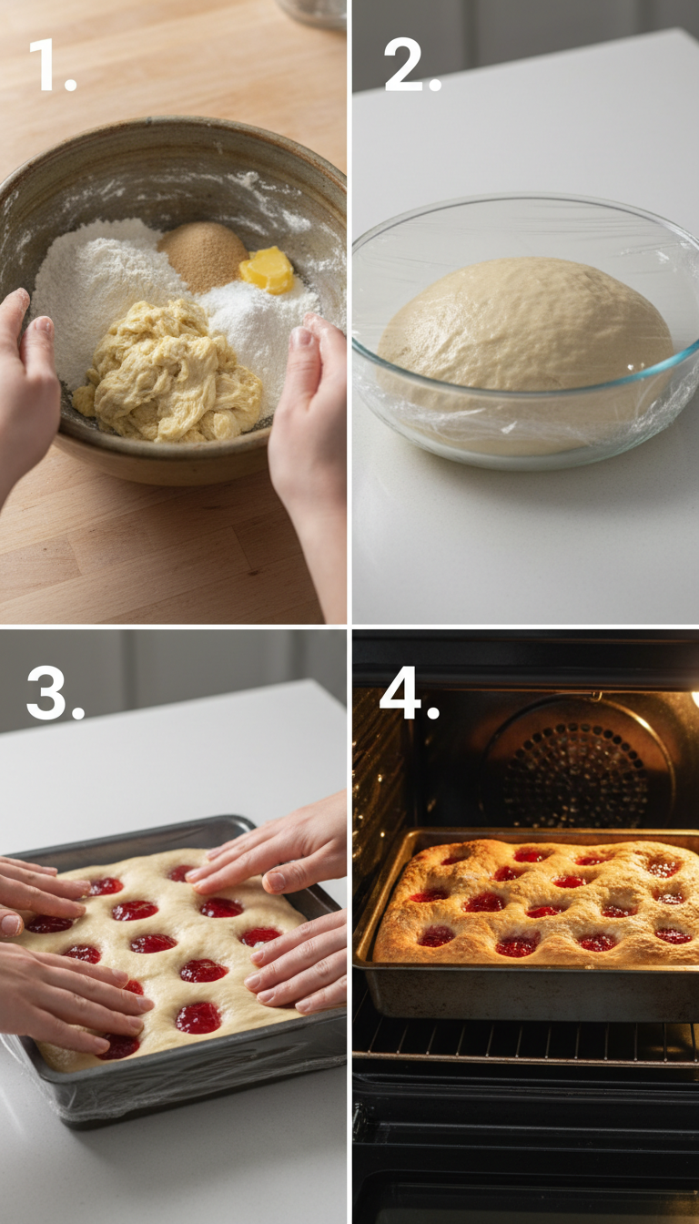 Step-by-step process showing dough preparation, dimpling, jam filling, and final baked Jam Donut Focaccia
