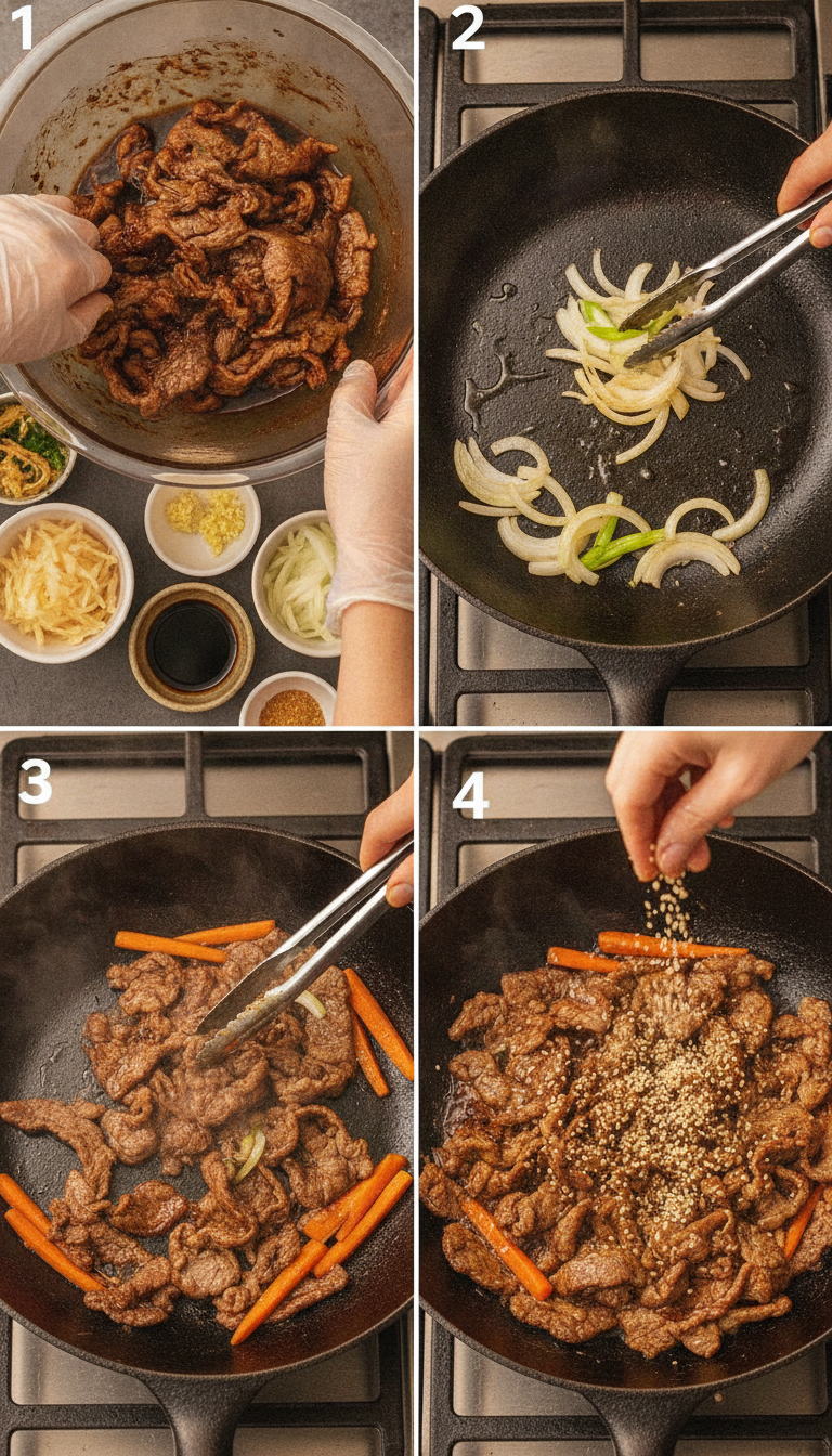 Step-by-step process of making Korean Bulgogi Beef Stir Fry showing marinated beef, vegetables being stir-fried in a hot wok