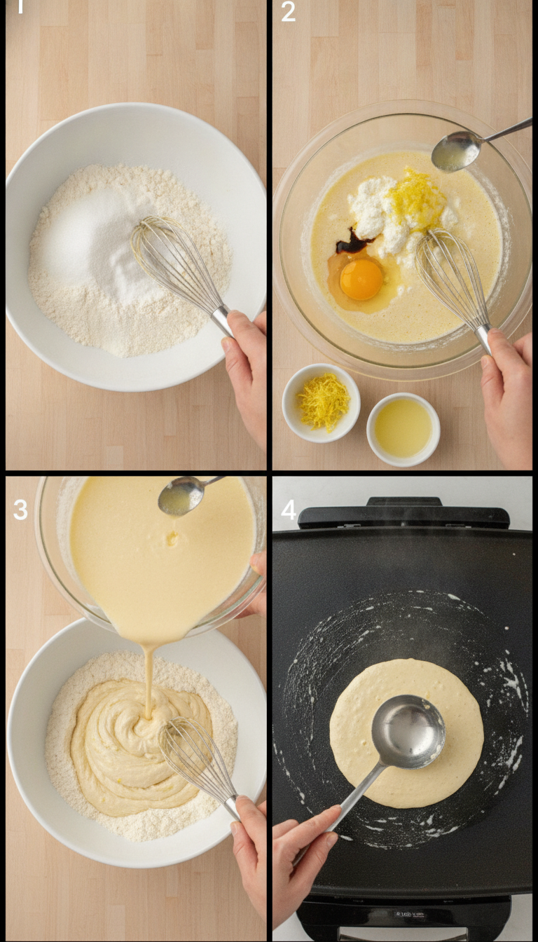 Step-by-step visual guide showing the preparation process of lemon ricotta pancakes from mixing to plating