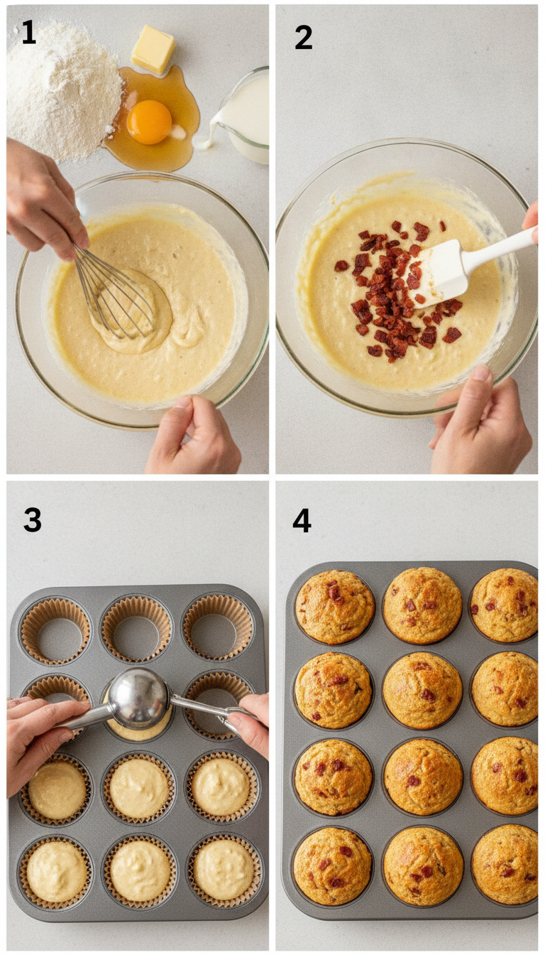 Step by step process of making maple bacon pancake muffins showing mixing bowl, filled muffin tin, and golden baked results