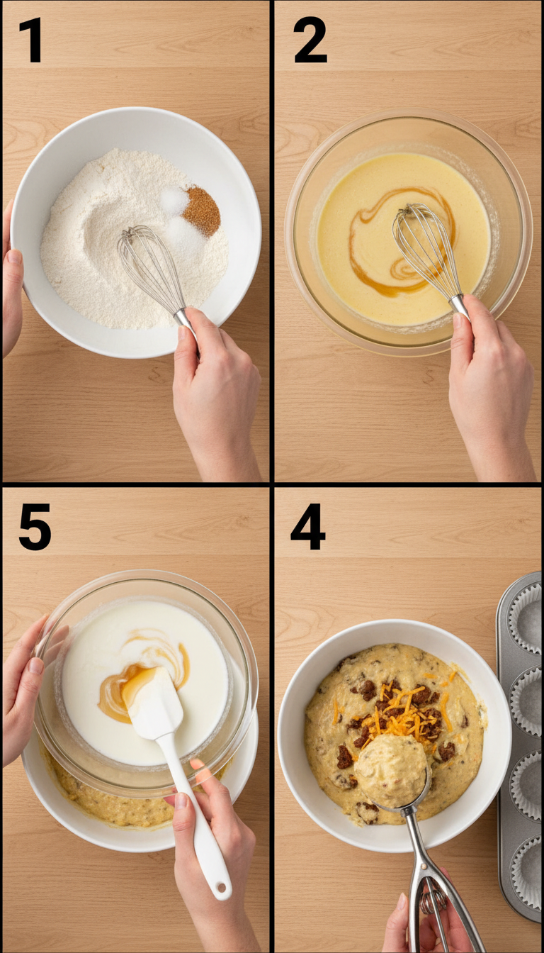 Step-by-step process of making McGriddle Muffins Breakfast showing mixing bowls, filled muffin tins, and golden baked muffins