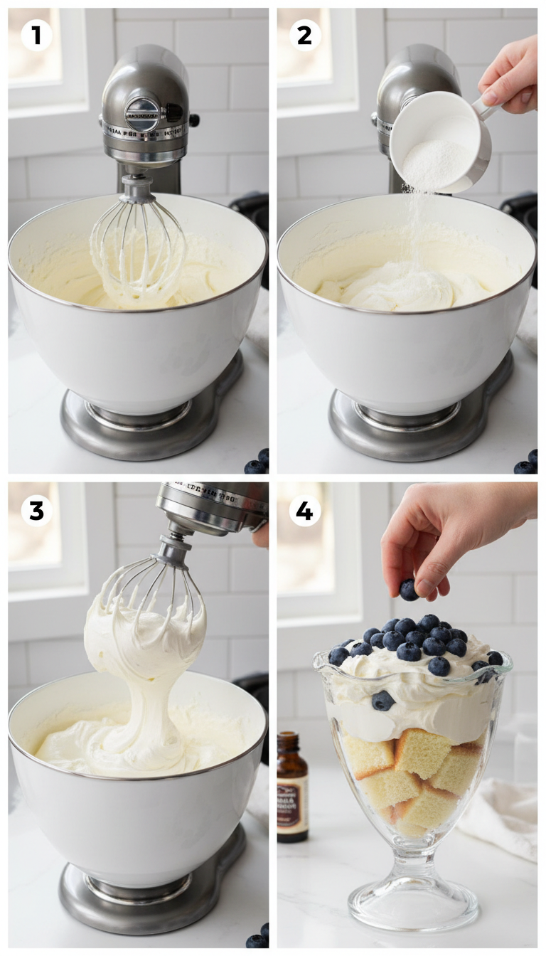 Step-by-step process showing cream cheese mixture being whipped and berries being layered in a trifle dish