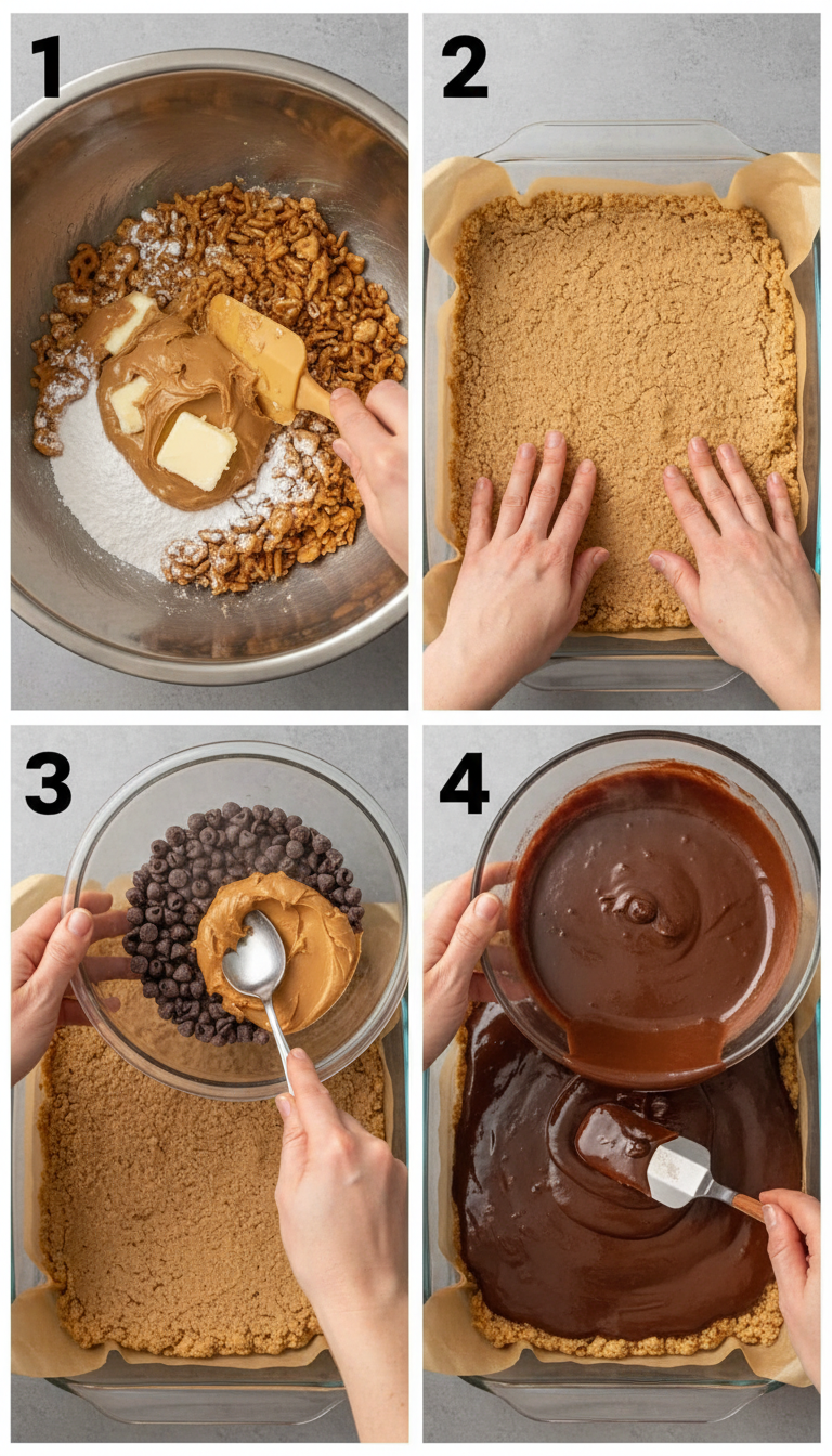 Step-by-step preparation of No-Bake Peanut Butter Pretzel Bars showing mixing ingredients, pressing into pan, and adding chocolate topping