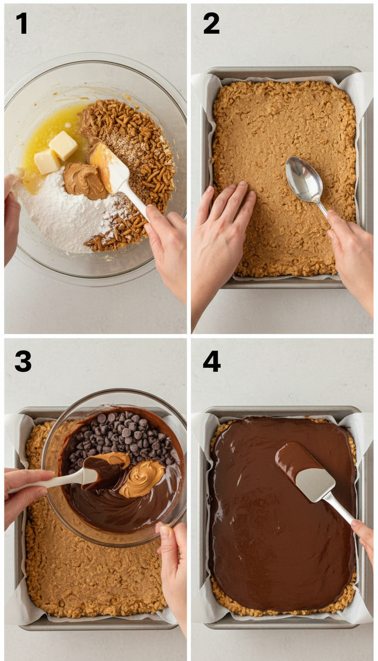 Step-by-step process of making No-Bake Peanut Butter Pretzel Bars showing layering technique