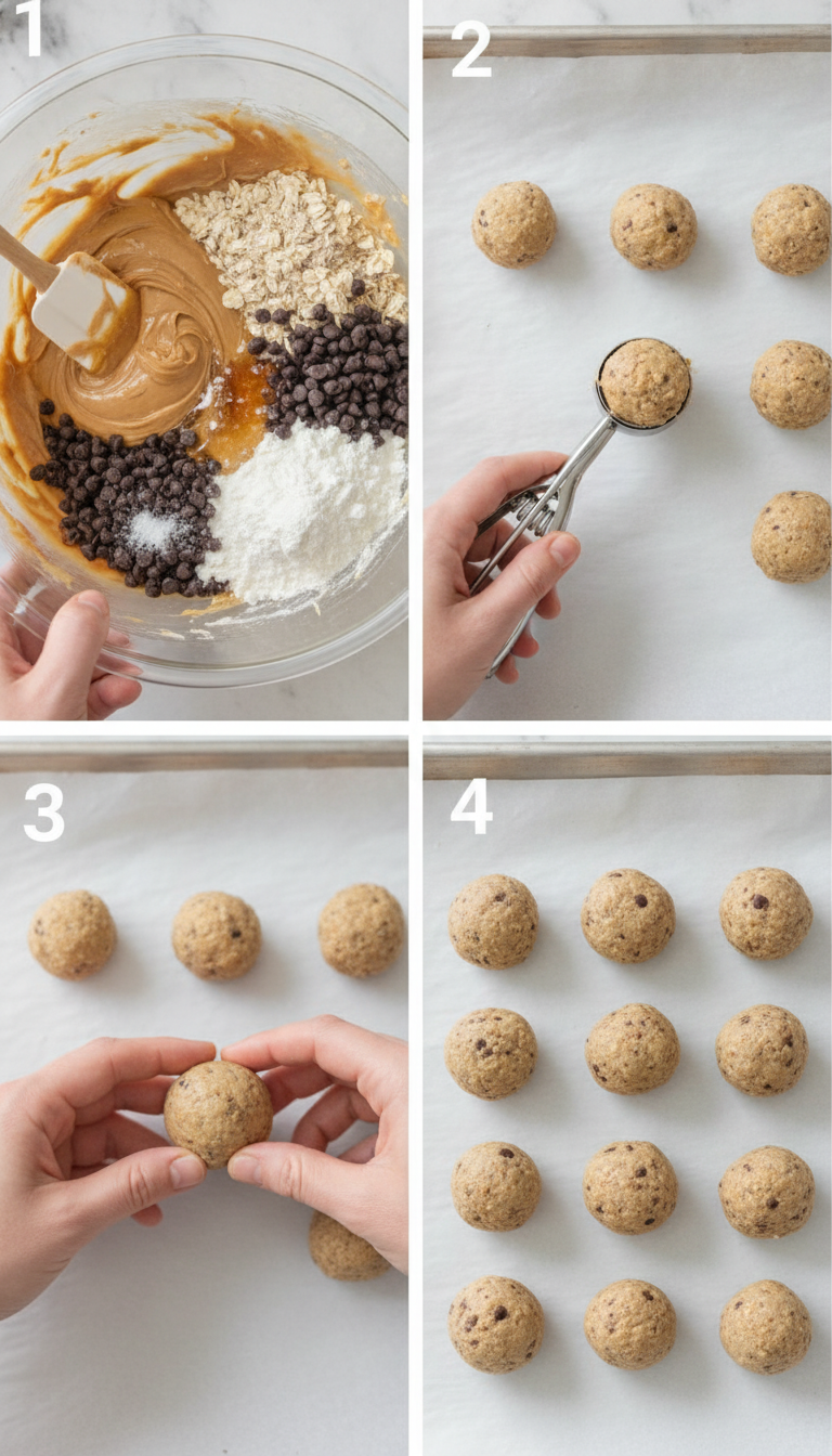 Step by step process of making no bake protein balls showing mixing ingredients, shaping balls, and final chilled results