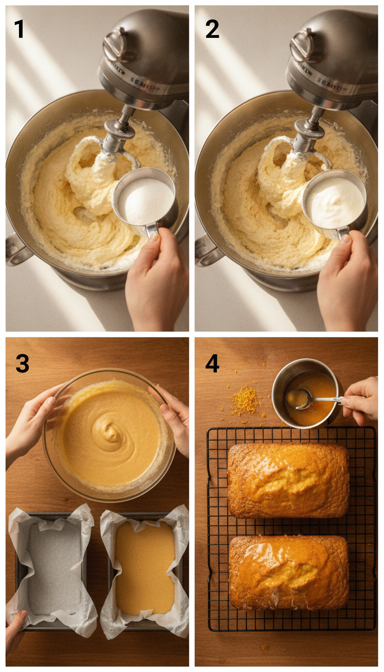 Step-by-step visual guide showing orange bread preparation from mixing ingredients to finished golden loaves