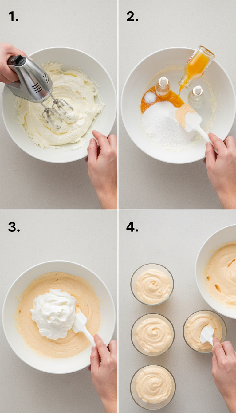Step-by-step process of making Orange Creamsicle Mousse showing cream cheese being beaten, ingredients being mixed, and final plating