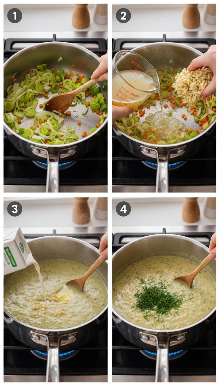 Step by step process of making orzo leek and dill soup showing cooking stages from raw ingredients to finished bowl