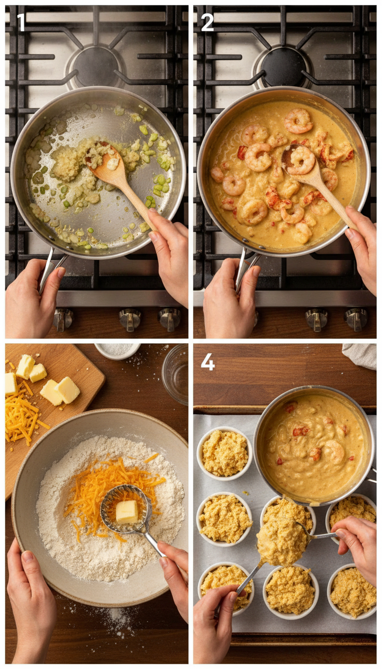 Step by step preparation of Shrimp & Lobster Cheddar Bay Biscuit Pot Pie showing cooking process