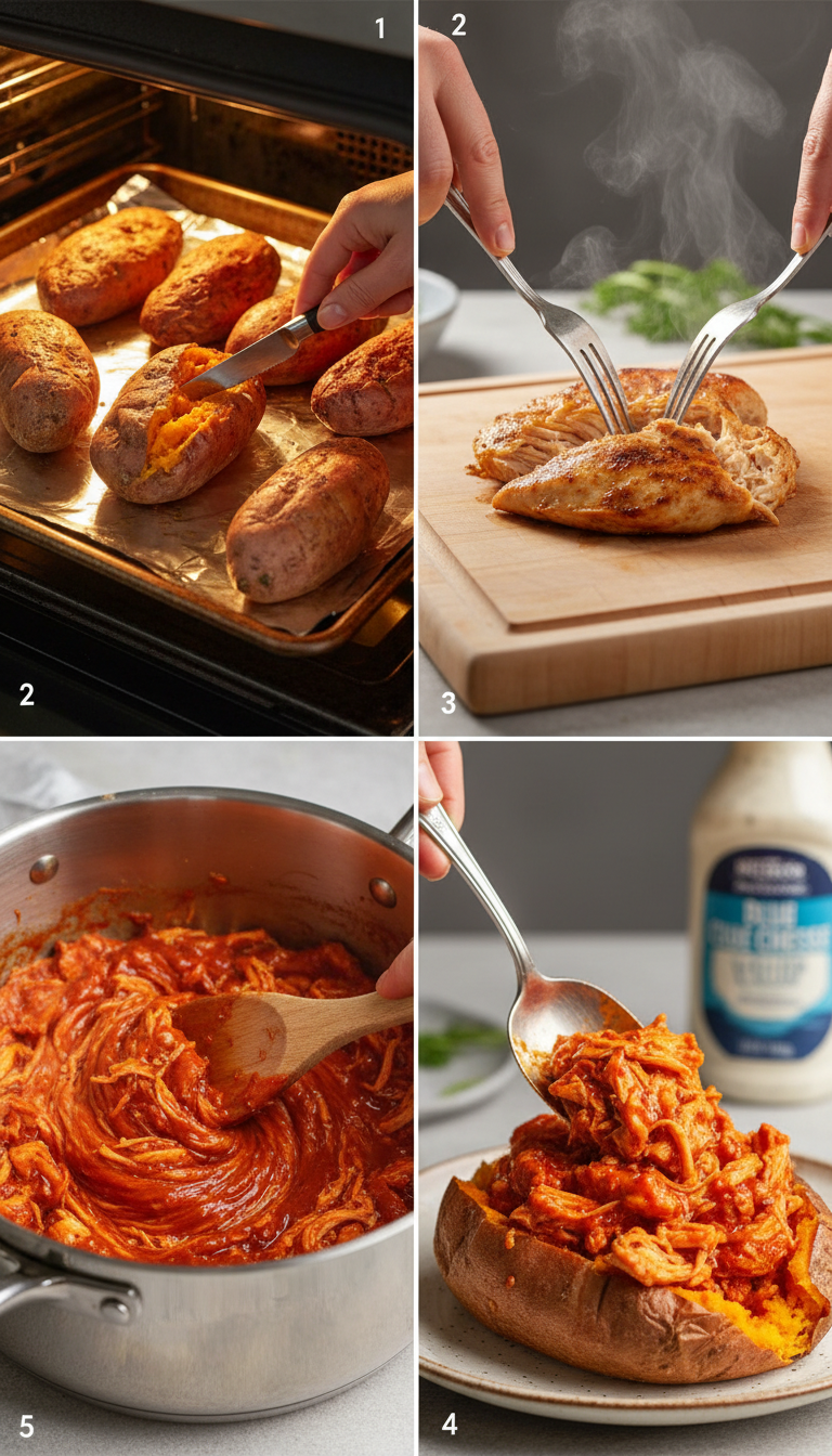 Step-by-step visual guide showing the process of making Skinny Buffalo Chicken Stuffed Sweet Potatoes from raw ingredients to finished dish