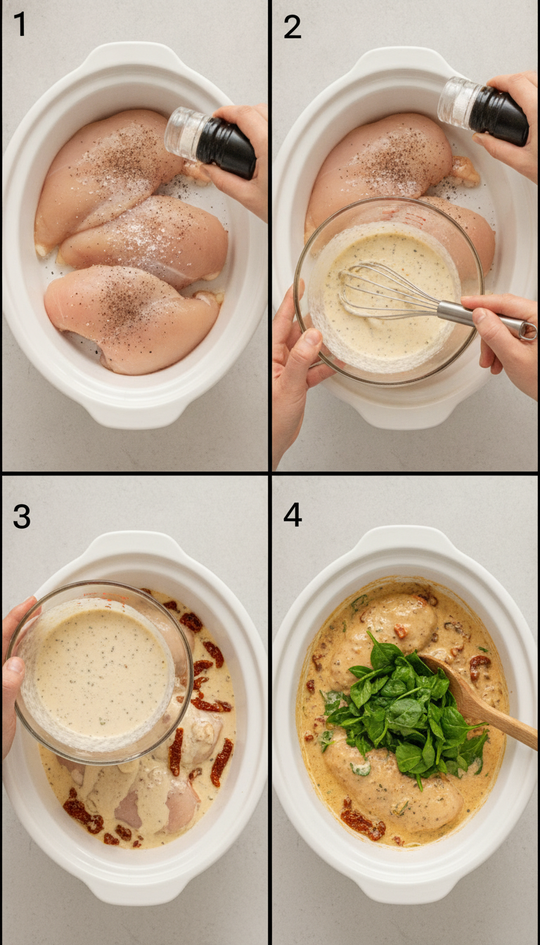 Step-by-step visual guide showing slow cooker preparation, sauce mixing, and final Tuscan chicken assembly