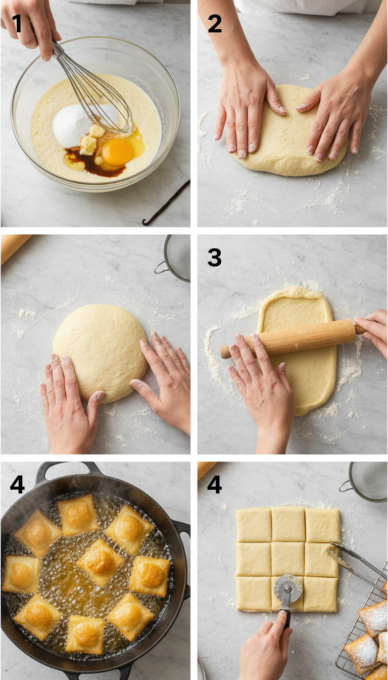 Step-by-step process of making Vanilla French Beignets from dough preparation to final golden frying