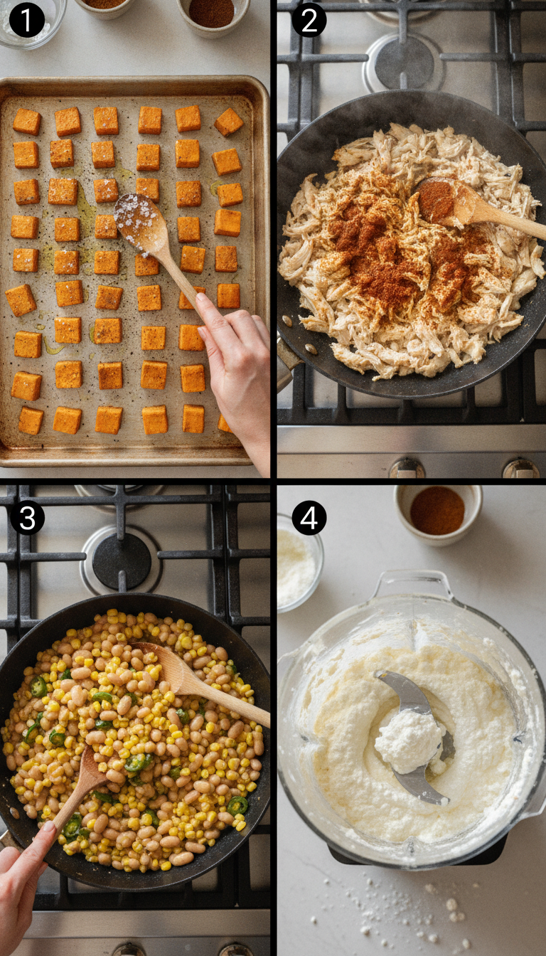Step-by-step visual guide showing sweet potato roasting, chicken seasoning, and queso preparation for White Chicken Chili Burrito Bowls
