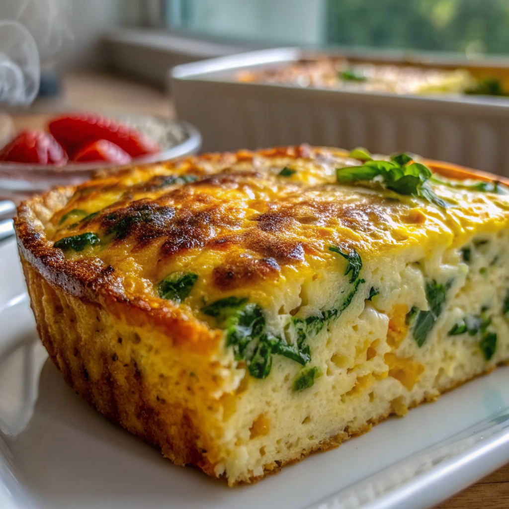 Golden brown cottage cheese egg bake fresh from the oven, perfectly set and ready to serve, garnished with fresh herbs