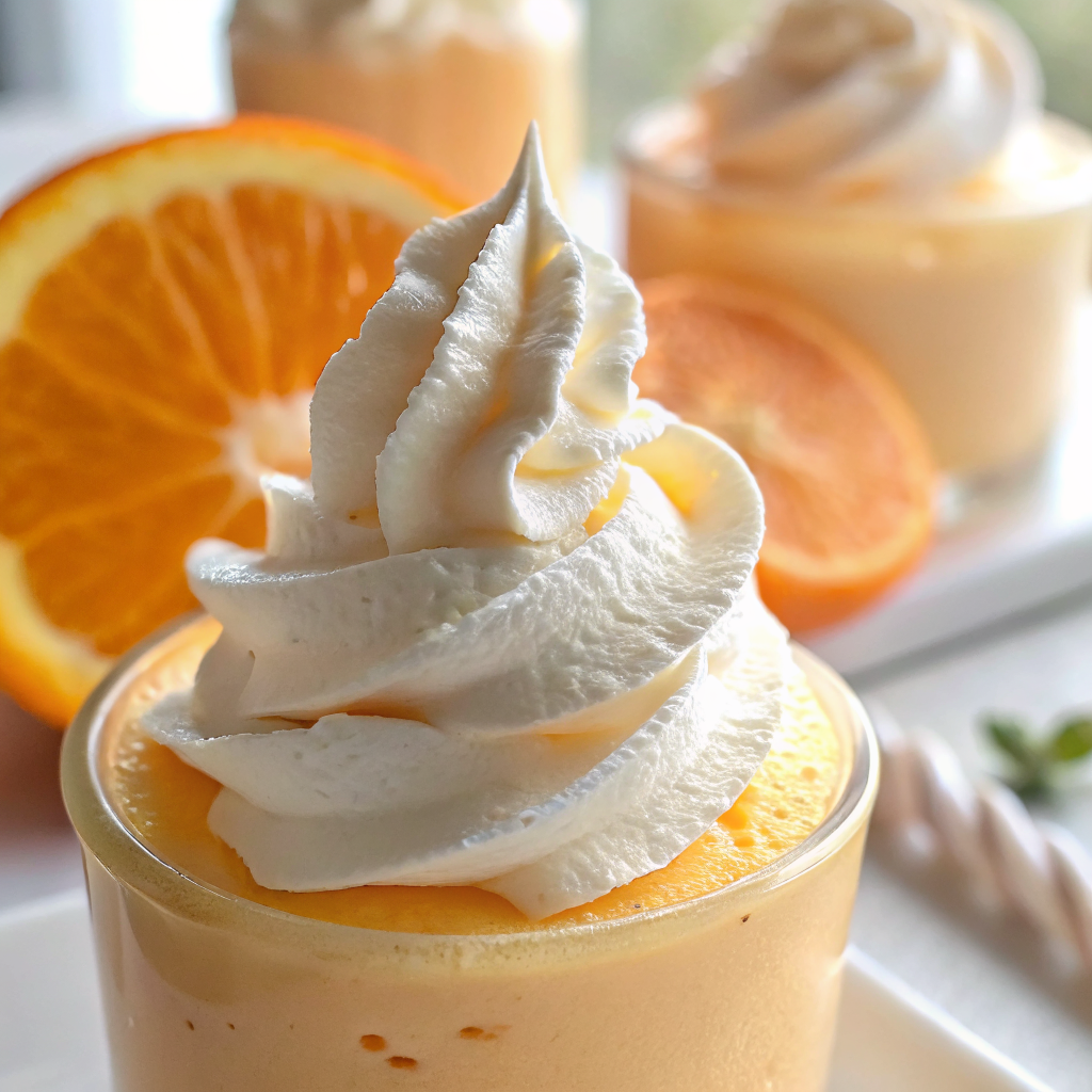 Beautiful Orange Creamsicle Mousse served in elegant glass cups with whipped cream garnish and orange zest on a marble serving tray
