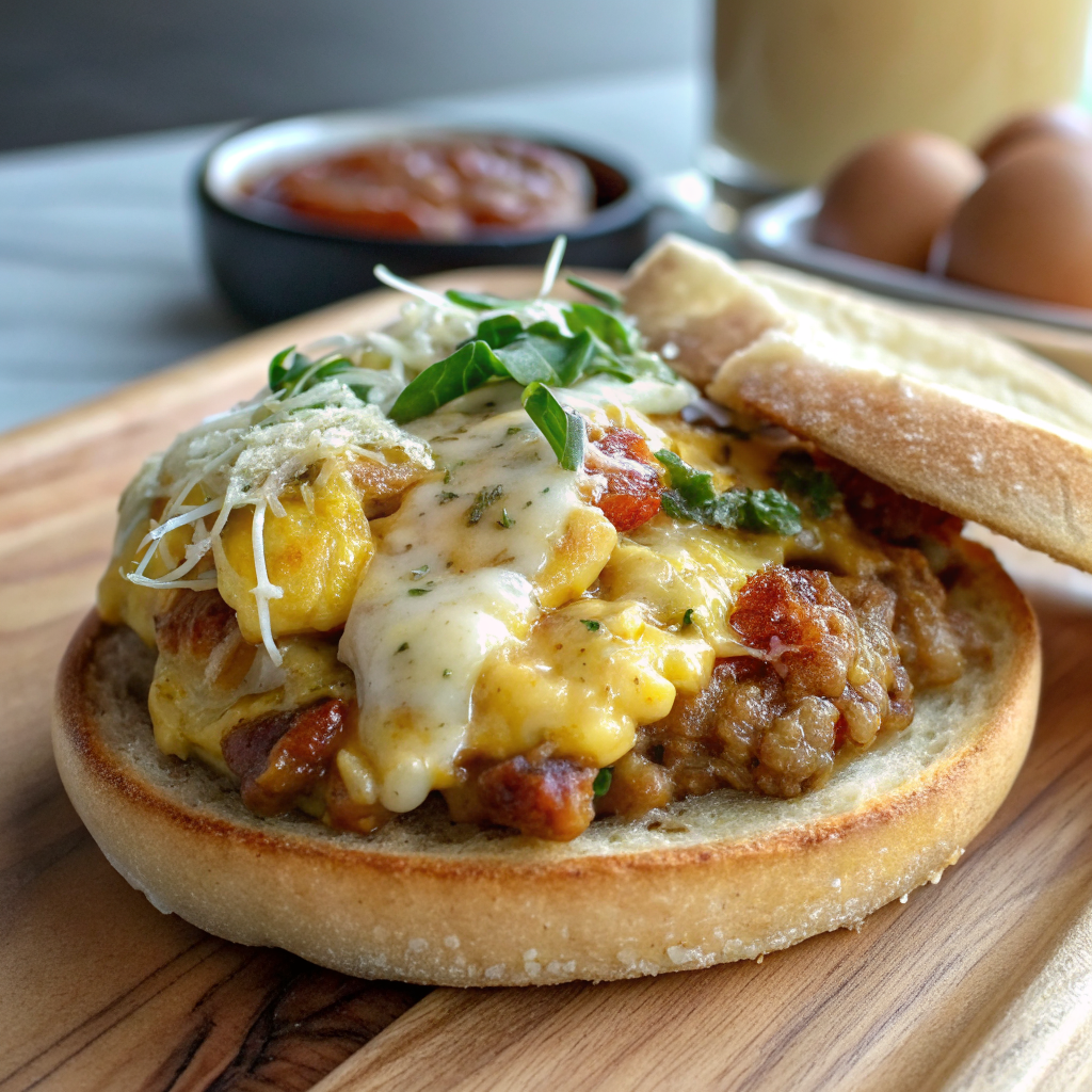 Golden-brown English Muffin Breakfast Pizza with melted cheese, fluffy scrambled eggs, and crumbled sausage served on a white plate with fresh herbs garnish