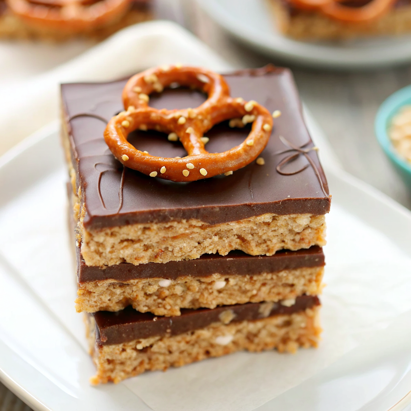 Finished No-Bake Peanut Butter Pretzel Bars cut into perfect squares showing layers of peanut butter pretzel base topped with smooth chocolate