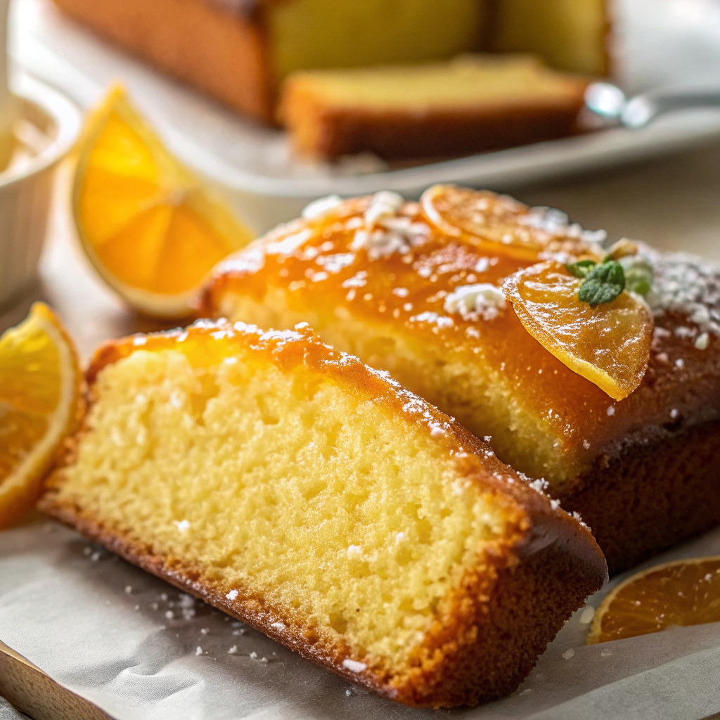 Perfectly baked orange bread sliced and displayed on a rustic wooden board with fresh orange segments and a drizzle of glaze