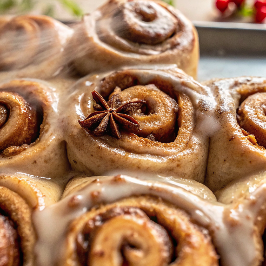 Final presentation of golden chai cinnamon rolls with creamy frosting drizzled artistically, garnished with cinnamon sticks on a rustic wooden surface