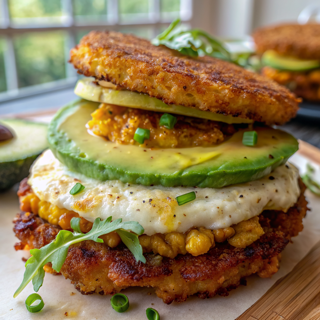 Golden corn fritter breakfast sandwich cut in half showing layers of crispy fritter, fluffy eggs, creamy avocado, and fresh arugula