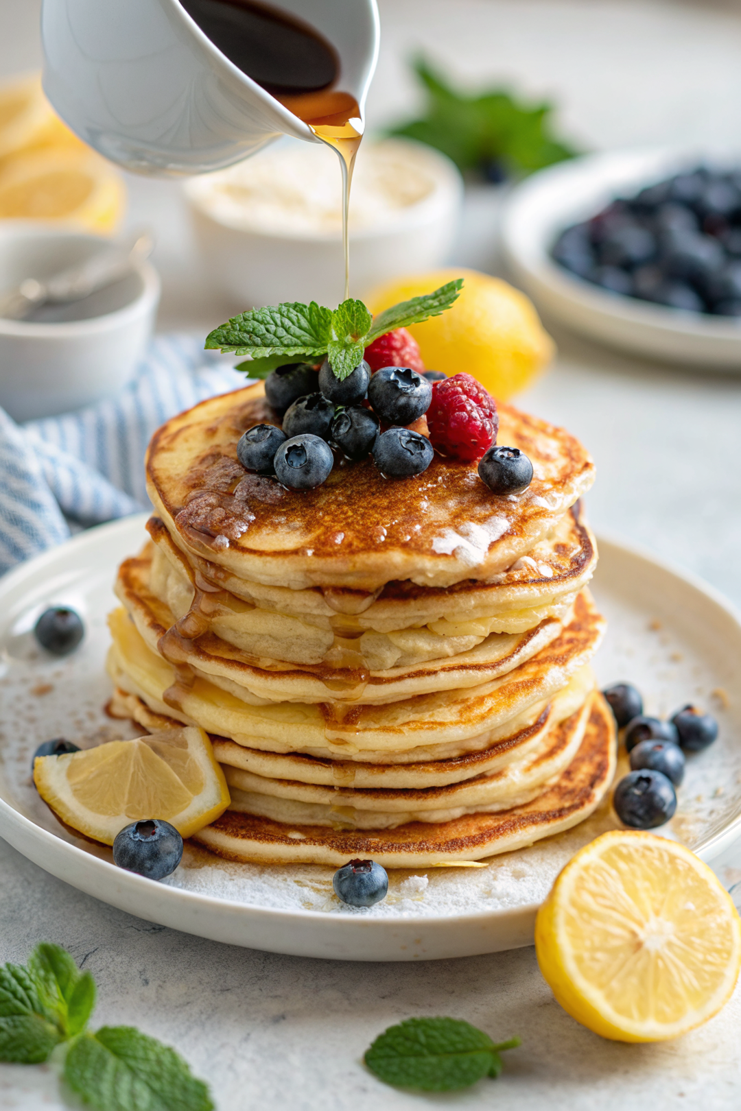Beautifully plated stack of golden lemon ricotta pancakes with powdered sugar dusting and fresh berry garnish on white ceramic plate