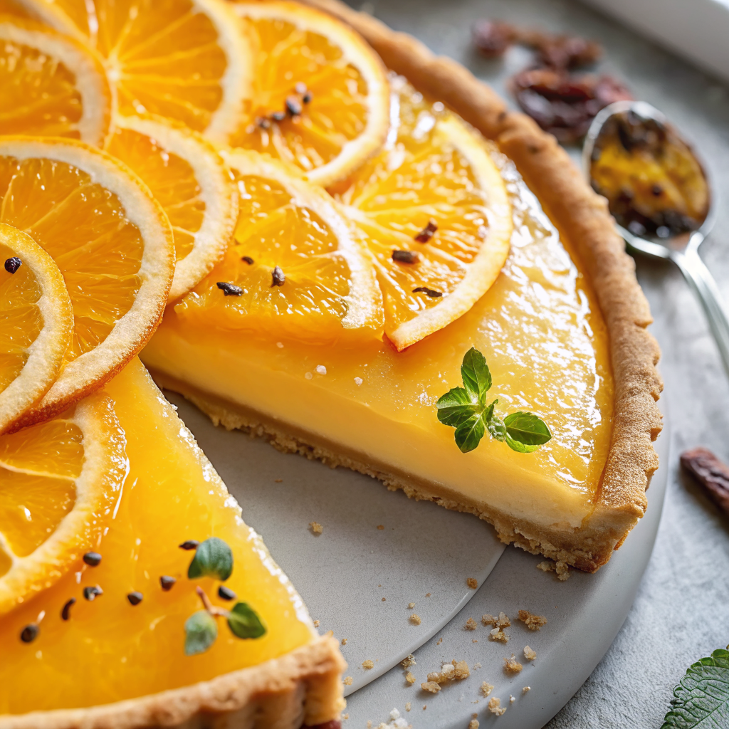 Finished French Orange Tart with perfect golden crust and glossy orange filling, elegantly plated on white porcelain