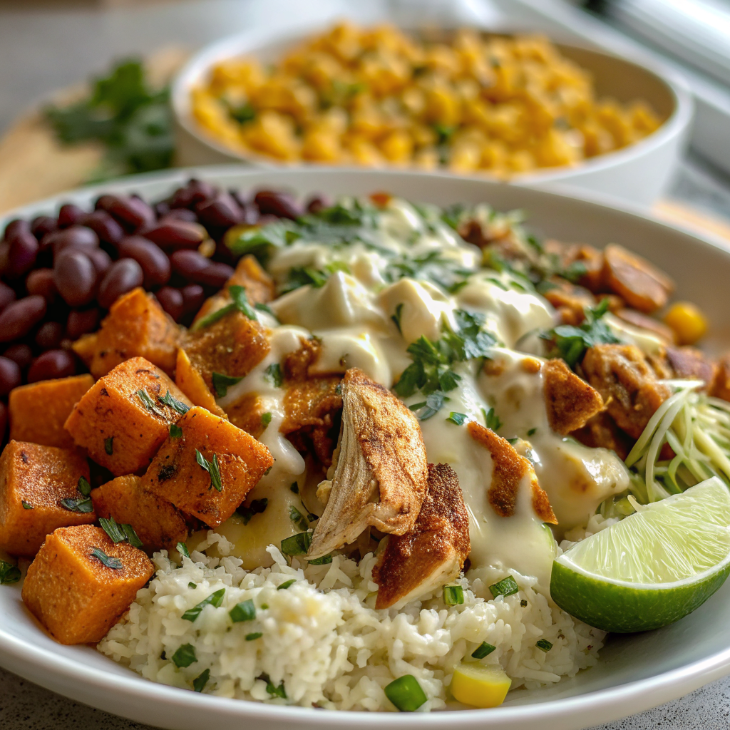 Beautifully plated White Chicken Chili Burrito Bowl with perfectly arranged roasted sweet potatoes, seasoned chicken, white beans, and artistic queso drizzle garnished with fresh cilantro and lime wedges