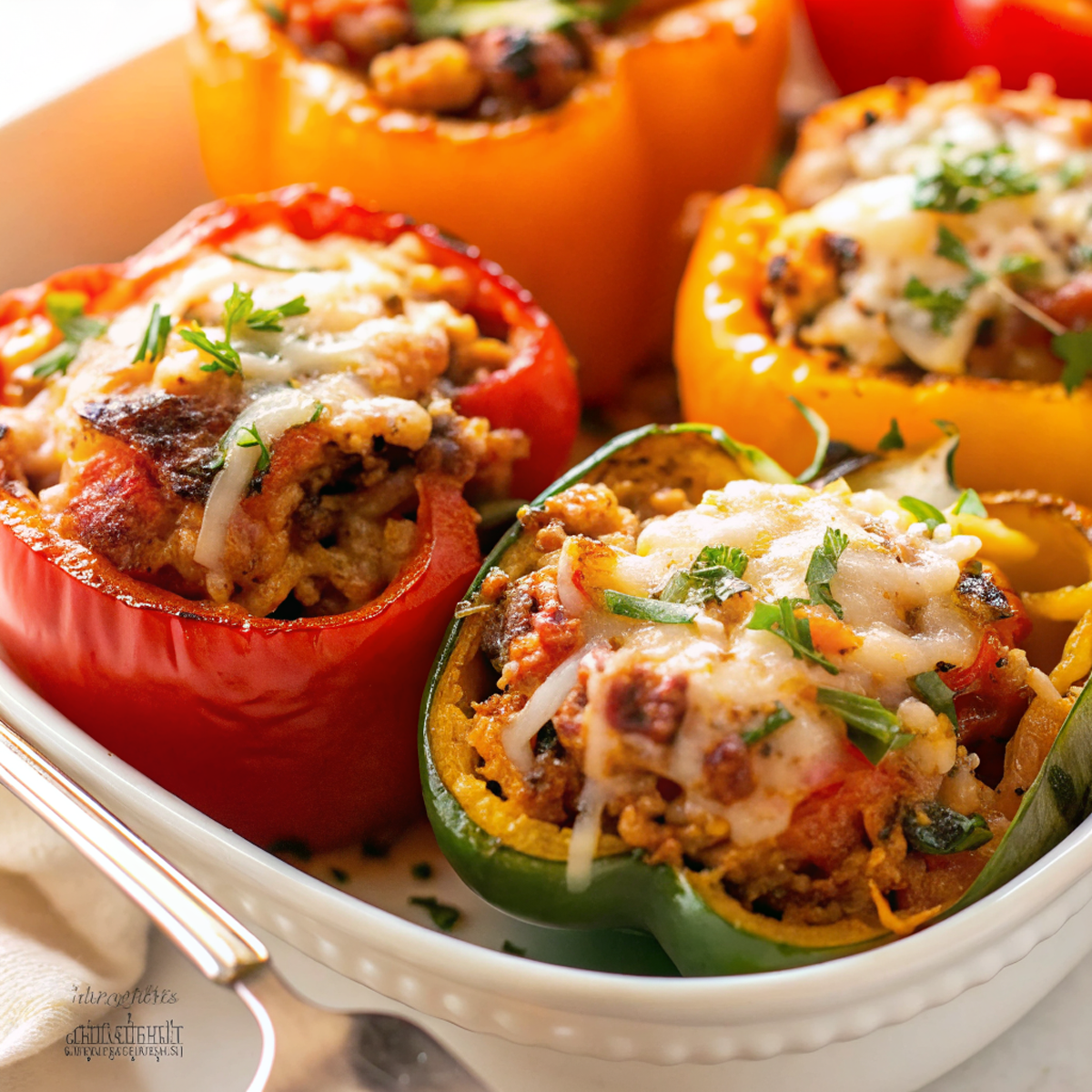 Beautiful finished healthy stuffed peppers Mediterranean-style with golden melted cheese on top, garnished with fresh herbs and served on a rustic wooden table