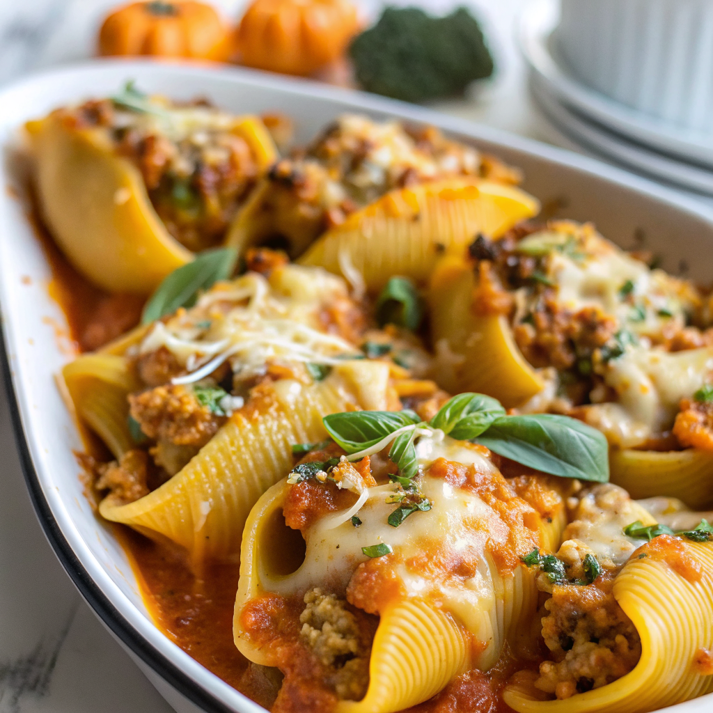 Perfectly plated cheesy pumpkin and spicy ground chicken stuffed shells with golden melted cheese and vibrant colors