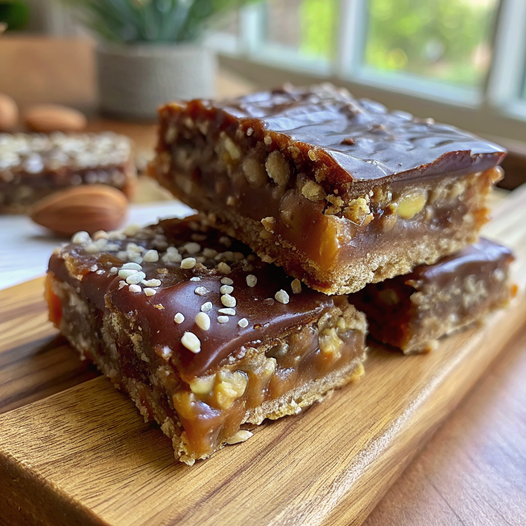 Beautiful finished healthy date candy bars cut into perfect rectangles showing layers of caramel-colored date base, pretzel pieces, and glossy dark chocolate top