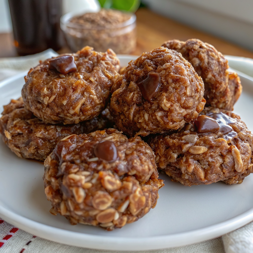 Finished healthy no-bake PB2 chocolate oatmeal cookies arranged on a plate, showing their rich chocolate color and perfect texture