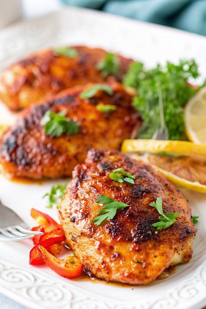 Beautifully plated 15 minute honey paprika chicken with glossy amber glaze and perfect caramelization on white ceramic plate