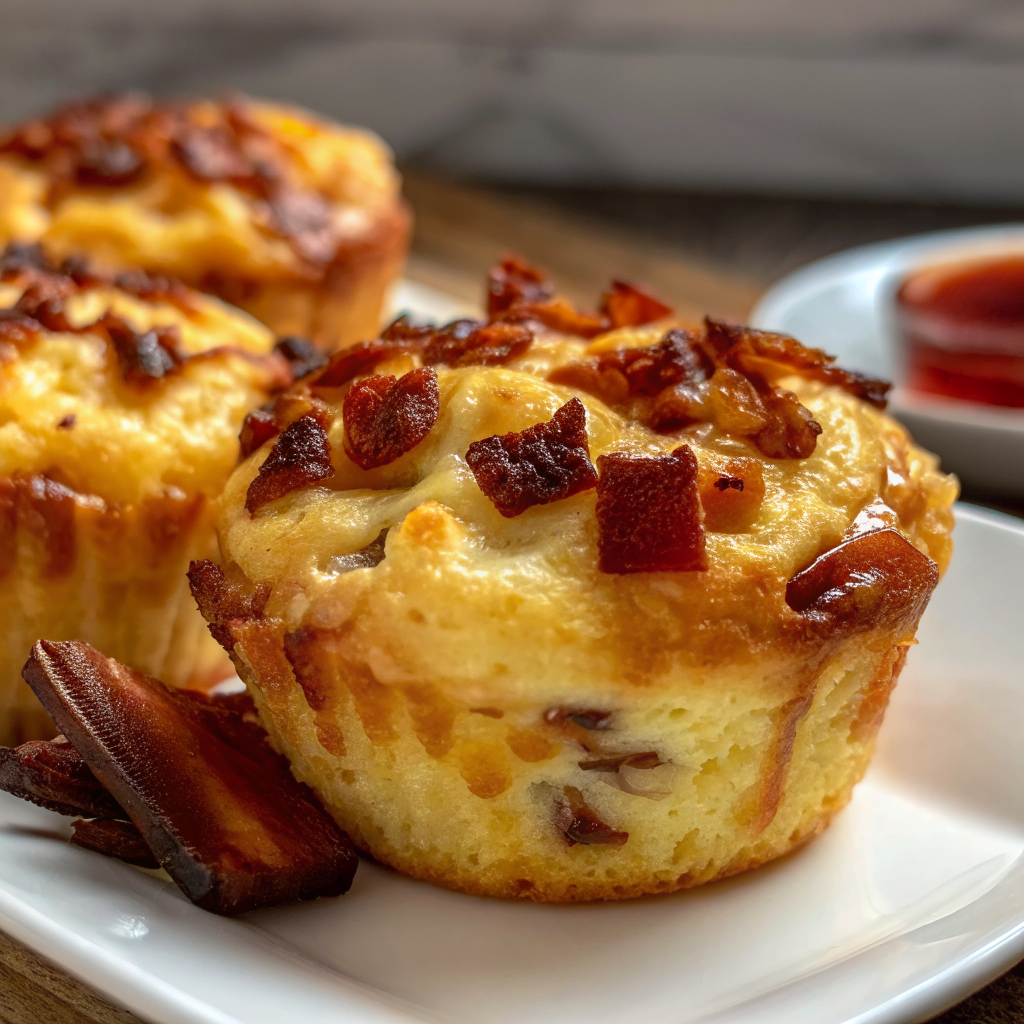 Golden brown maple bacon pancake muffins on cooling rack with maple syrup drizzle and fresh berries garnish