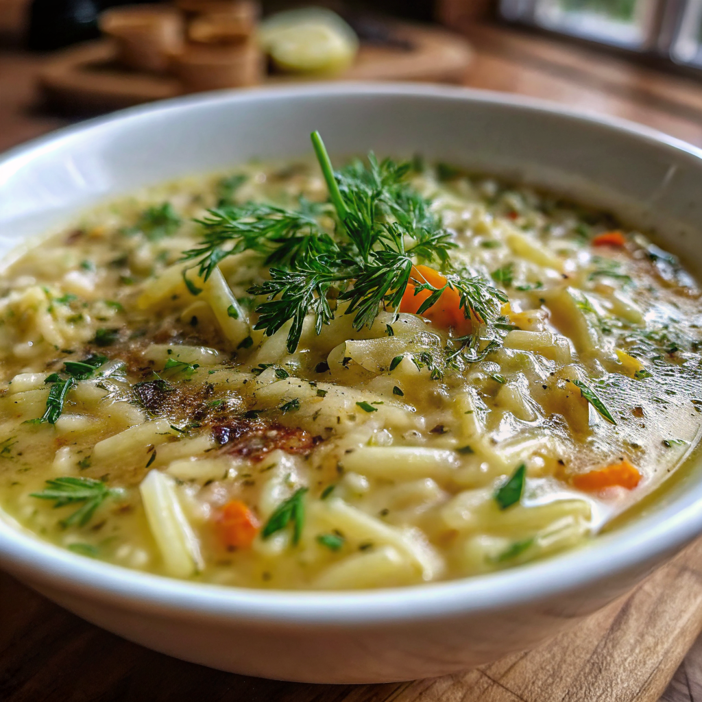 Beautiful finished bowl of orzo leek and dill soup garnished with fresh dill and served in elegant white bowl