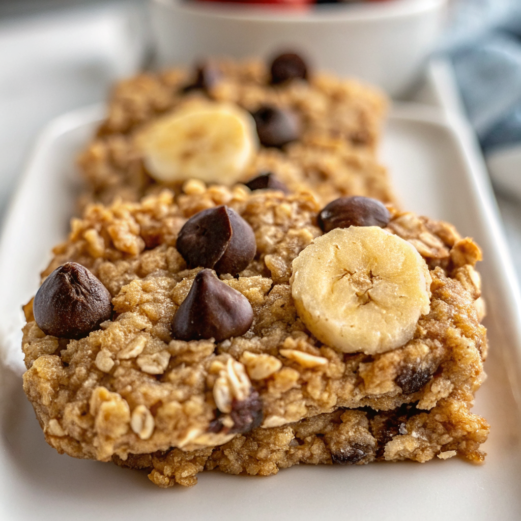 Stack of golden brown healthy oatmeal breakfast cookies on a white plate with a glass of milk and scattered oats in the background