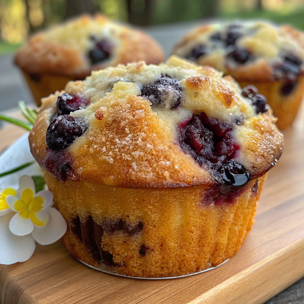 Golden brown easy blueberry muffins with perfectly domed tops and visible blueberries, displayed on a rustic wooden cooling rack