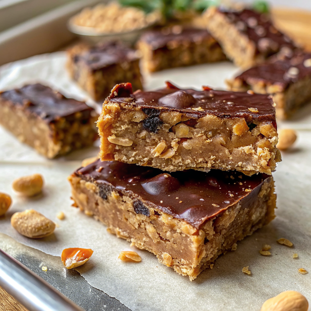 Beautiful finished ultimate homemade protein bars cut into perfect squares, some with chocolate drizzle, arranged on parchment paper