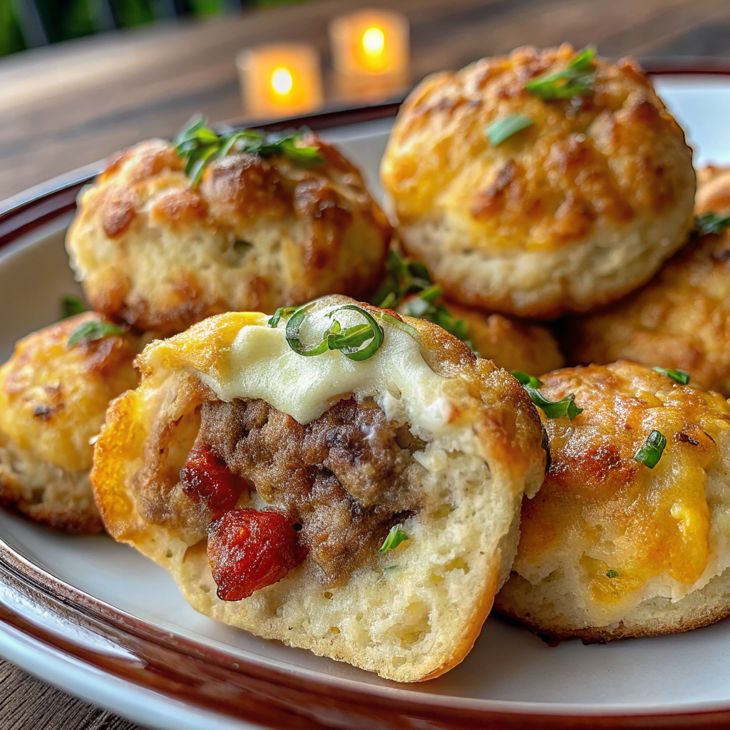 Perfectly golden cream cheese biscuit bites arranged on elegant serving platter with garnish, showcasing professional presentation and appetizing golden-brown color