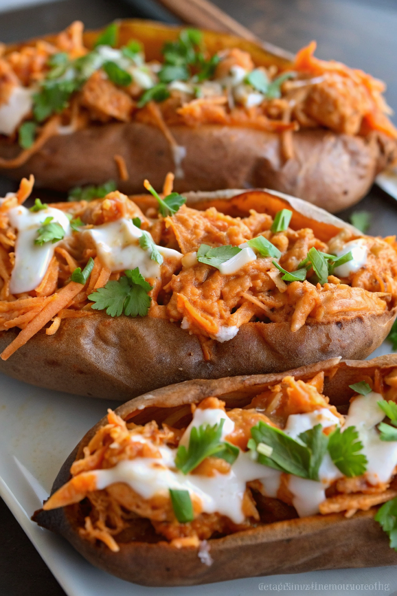 Beautiful finished Skinny Buffalo Chicken Stuffed Sweet Potatoes garnished with fresh herbs and creamy dressing drizzle
