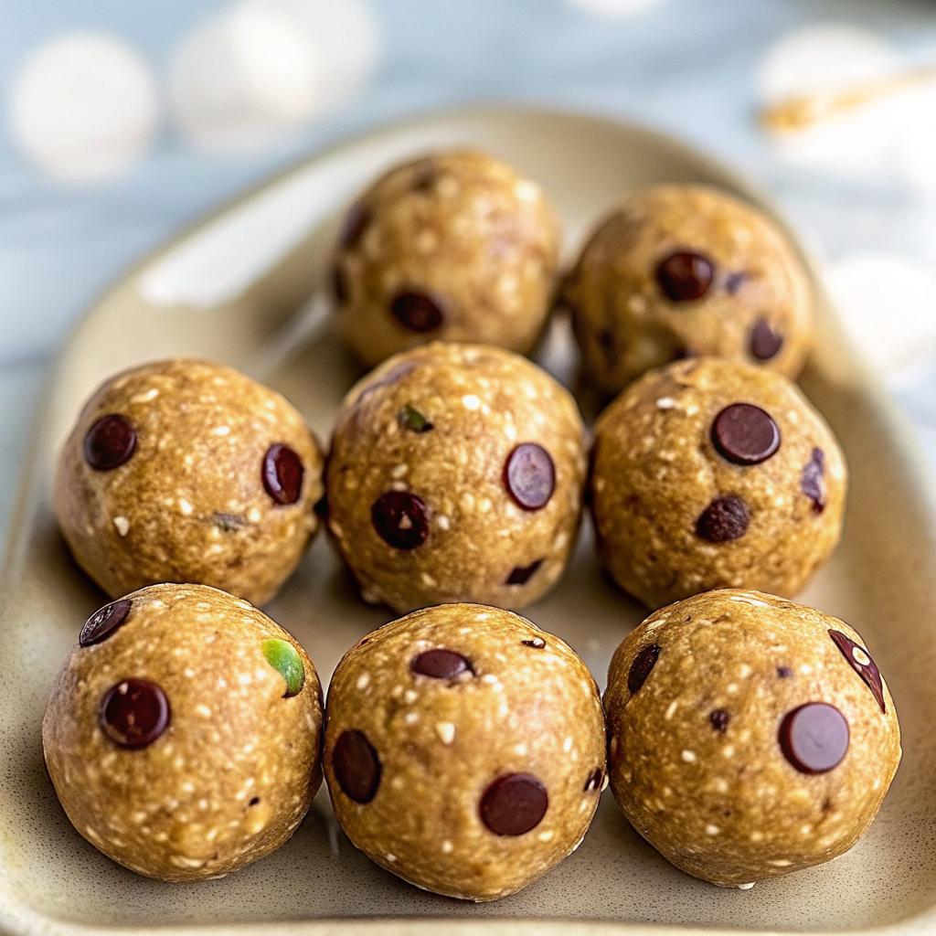 Final presentation of no bake protein balls arranged on a white plate with a glass of milk, showing their perfect round shape and appetizing appearance