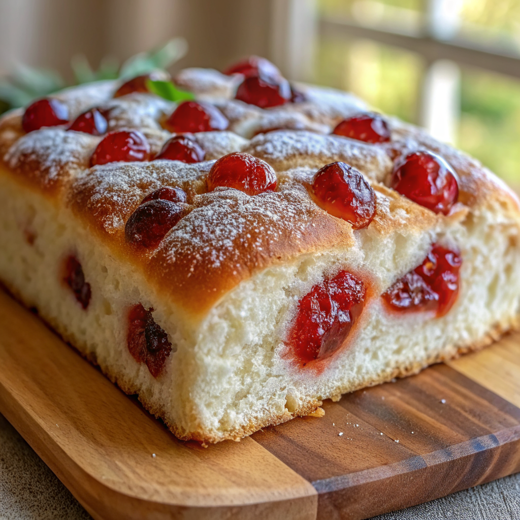 Golden-brown Jam Donut Focaccia with jam-filled dimples, dusted with powdered sugar, ready to serve