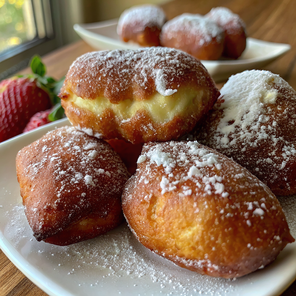 Beautiful plated Vanilla French Beignets dusted with powdered sugar on elegant white serving platter