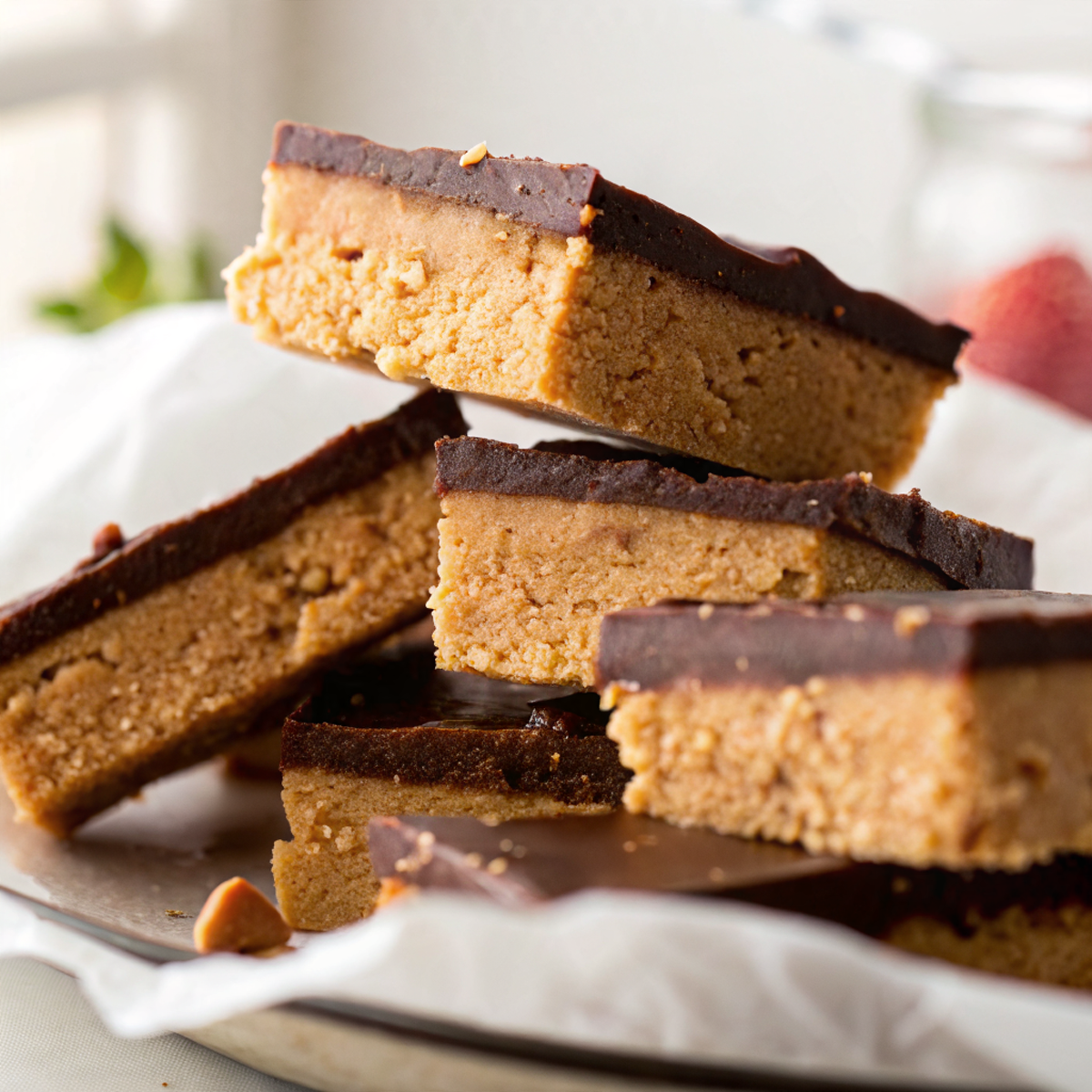 Final presentation of No-Bake Peanut Butter Chocolate Bars cut into perfect squares showing the beautiful layered contrast between golden peanut butter base and glossy chocolate topping