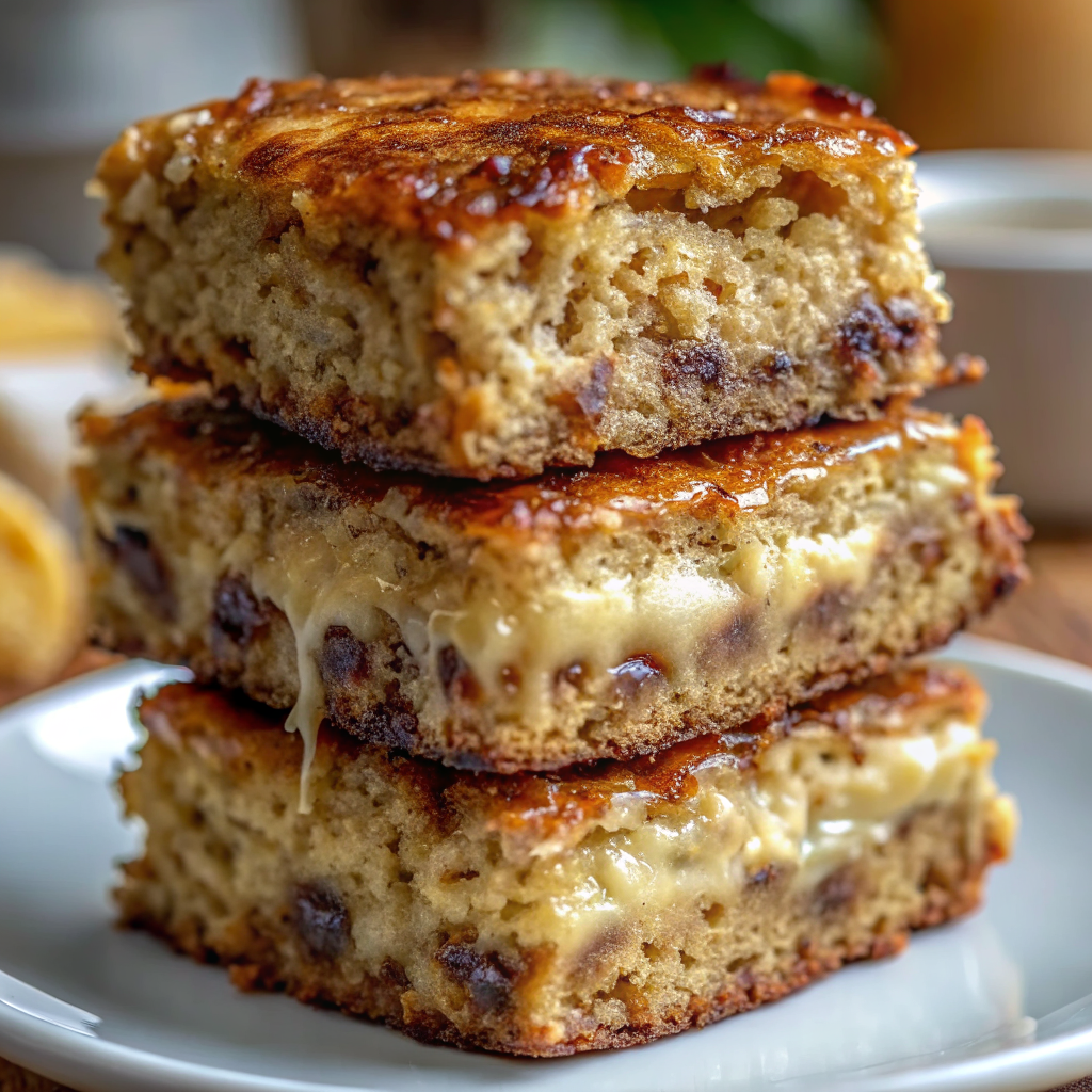 Golden-brown cozy morning banana oatmeal bars cut into perfect squares and arranged on a rustic wooden board with fresh banana slices