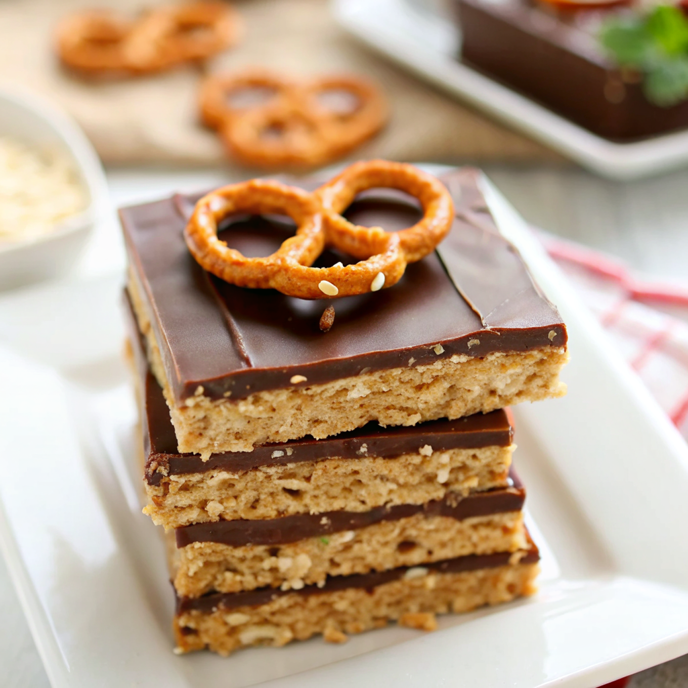 Finished No-Bake Peanut Butter Pretzel Bars arranged on elegant serving platter showing perfect layers and professional presentation