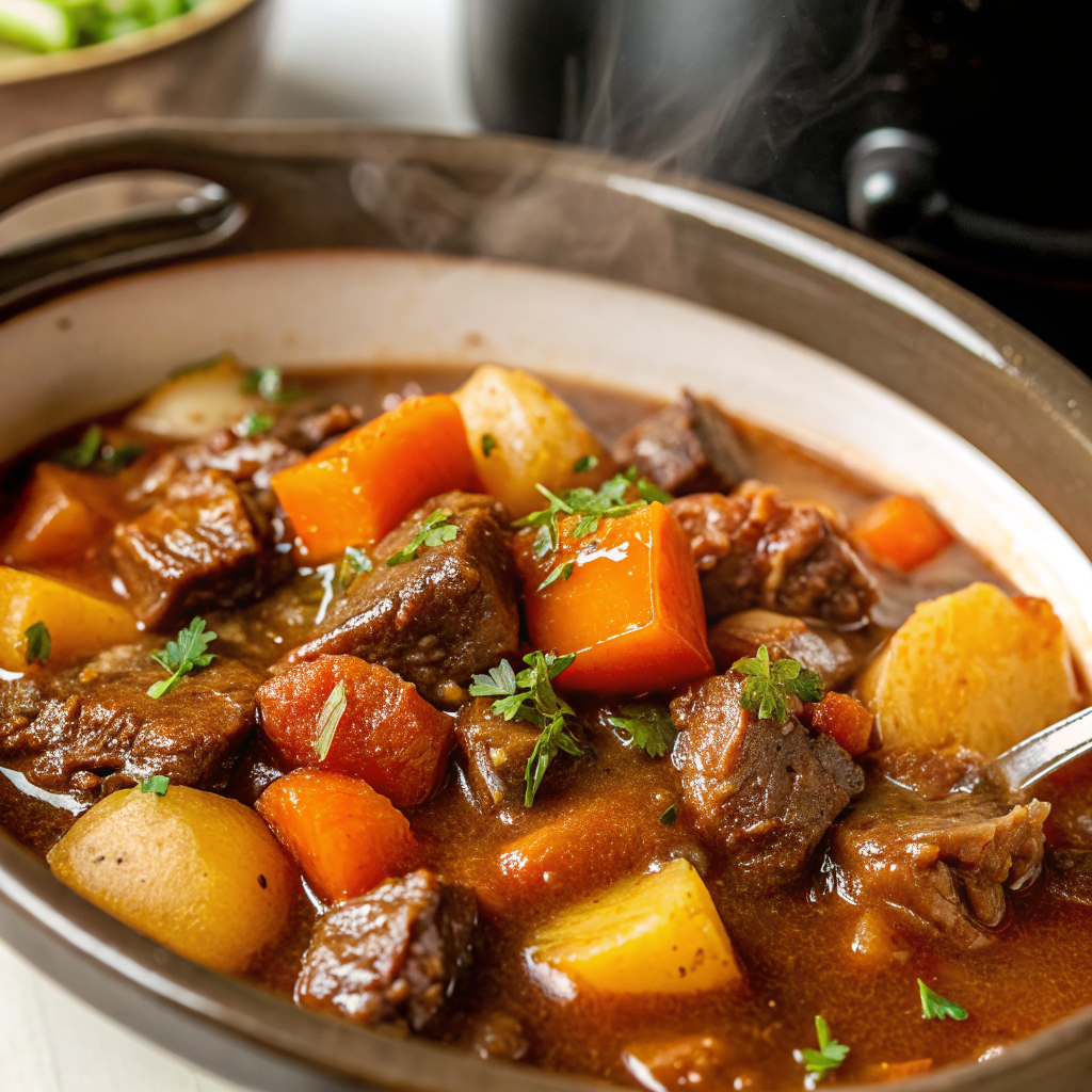 Final presentation of completed crockpot beef stew recipe served in rustic bowl with crusty bread and fresh herbs