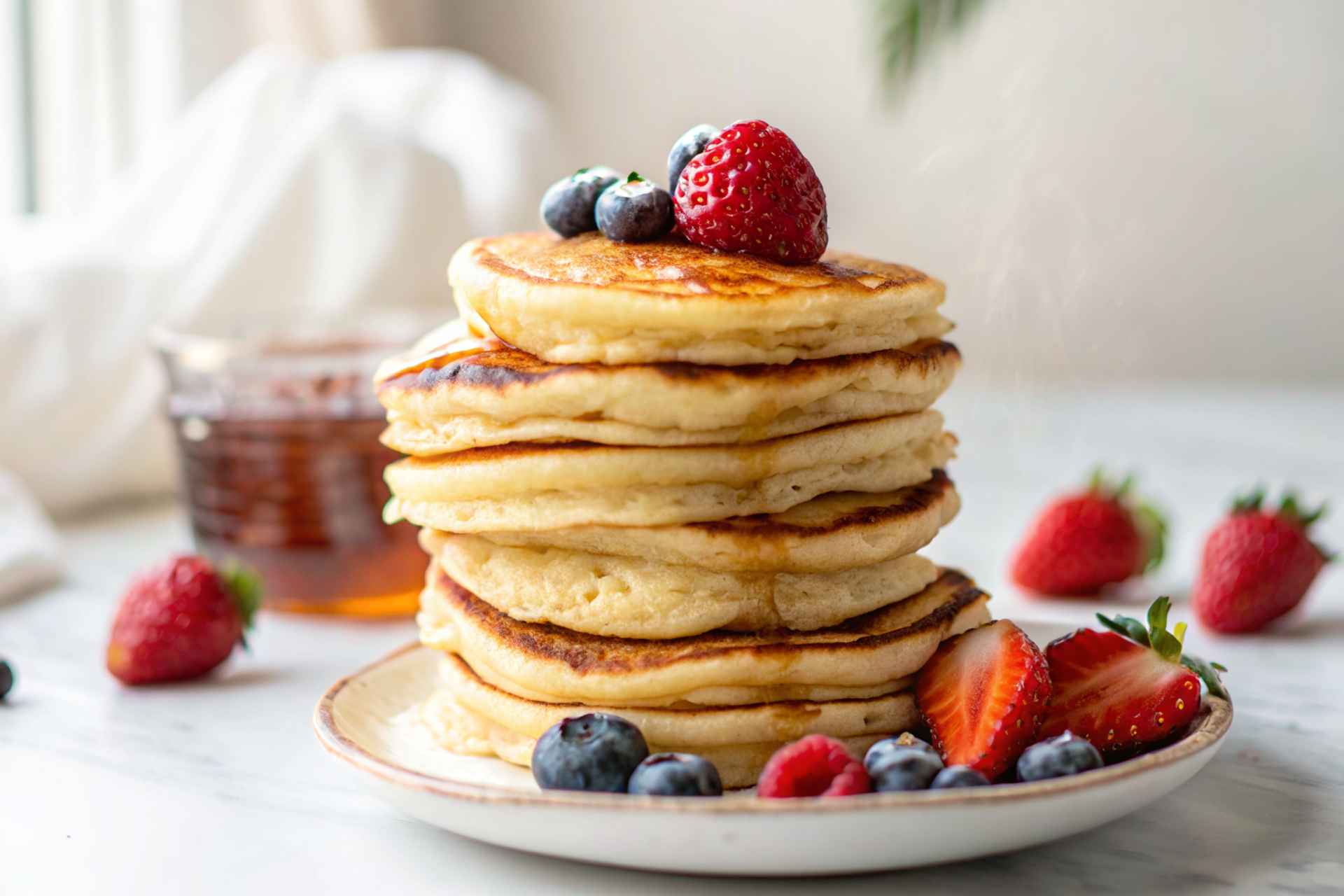 Beautifully plated Greek yogurt pancakes with fresh berries, maple syrup drizzle, and artistic presentation on elegant dinnerware