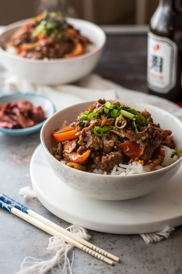 Finished Korean Bulgogi Beef Stir Fry served over steamed rice in a white bowl, garnished with sesame seeds and sliced scallions